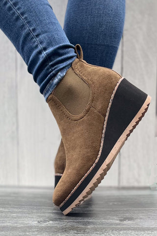 Corkys Footwear Love You A Latte Wedge Chelsea Boots Khaki Faux Suede