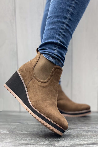 Corkys Footwear Love You A Latte Wedge Chelsea Boots Khaki Faux Suede