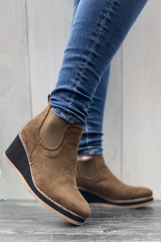 Corkys Footwear Love You A Latte Wedge Chelsea Boots Khaki Faux Suede