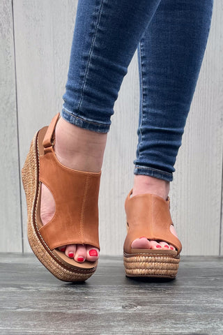 Corkys Footwear Freddie Cognac Smooth Espadrille Vacation Ready Wedge Sandal