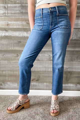 Just Black Denim Petite Straight Leg Jeans with Patch Pockets BP501JP Medium Wash