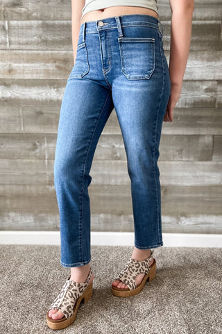 Just Black Denim Petite Straight Leg Jeans with Patch Pockets BP501JP Medium Wash