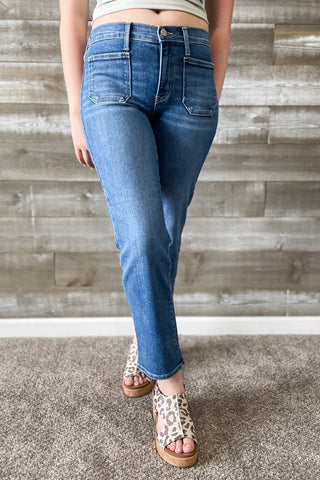 Just Black Denim Petite Straight Leg Jeans with Patch Pockets BP501JP Medium Wash