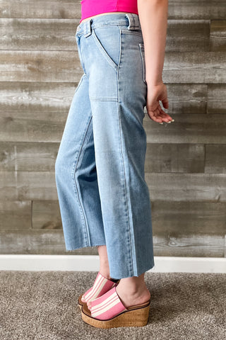 Just Black Denim Petite Palazzo Wide Leg Jeans with Patch Pockets in Light Wash BP506JP