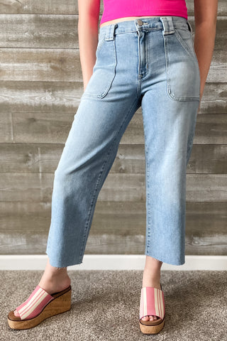 Just Black Denim Petite Palazzo Wide Leg Jeans with Patch Pockets in Light Wash BP506JP