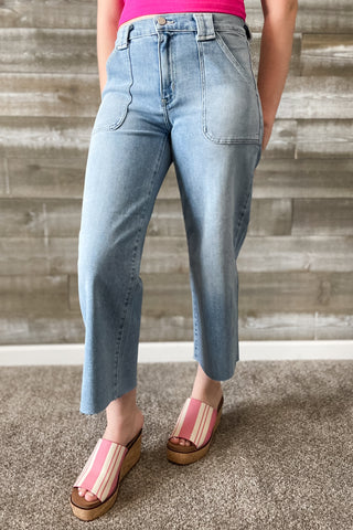 Just Black Denim Petite Palazzo Wide Leg Jeans with Patch Pockets in Light Wash BP506JP