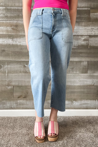 Just Black Denim Petite Palazzo Wide Leg Jeans with Patch Pockets in Light Wash BP506JP