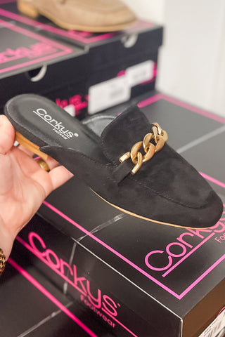 Corkys Footwear Keepsake Black Faux Suede Mule with chunky gold chain