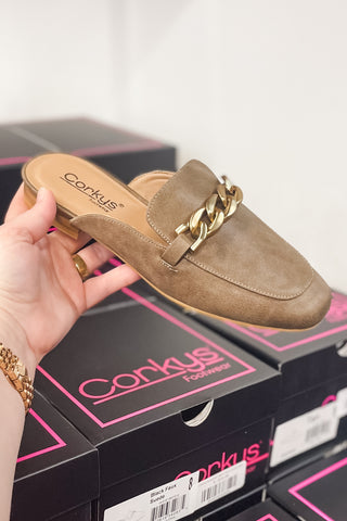 Corkys Footwear Keepsake Tan Mule Square Toe with chunky gold chain detail