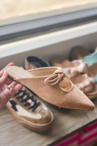 Corkys Footwear Knotty But Nice Pointy Toe Flat Mule in Camel Faux Suede Shoes for Fall and Winter