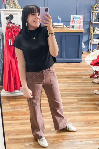 Mica Denim Super High Rise Double Button Waist Wide Leg Cocoa Jeans Chino Pants with utility pockets MDP-W3209