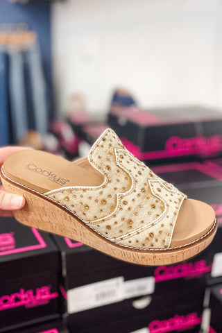 Corkys Footwear Neon Moon Open Toe Wedge Western Shoes Tan Washed Denim with Rhinestones