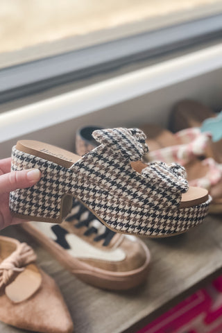 Hey Girl By Corkys Footwear Put A Bow On It Block Heel Slide Shoe in Black & Tan Houndstooth with Double Bow Straps Fall and Winter Sandals