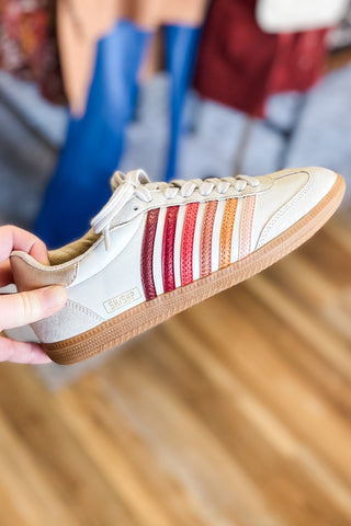 Shu Shop Stevie Red Multi Stripe Low Profile Fashion Casual Sneaker perfect for fall and winter