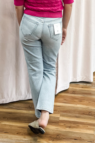 Cello Light Wash High Rise Straight Leg Jeans with asymmetrical back pockets WV18628S-LTD2