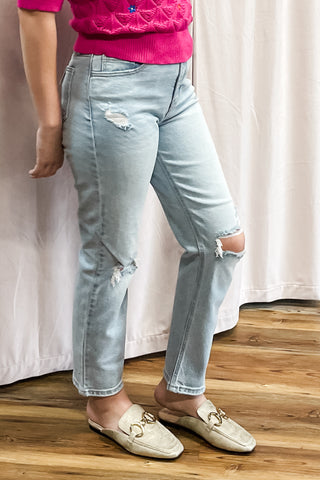 Cello Light Wash High Rise Straight Leg Jeans with asymmetrical back pockets WV18628S-LTD2