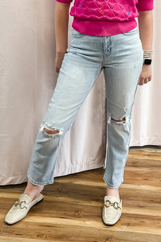 Cello Light Wash High Rise Straight Leg Jeans with asymmetrical back pockets WV18628S-LTD2