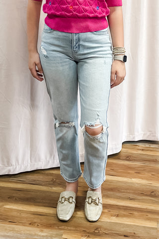 Cello Light Wash High Rise Straight Leg Jeans with asymmetrical back pockets WV18628S-LTD2