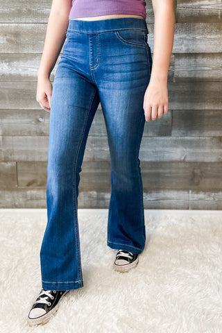 cello jeans medium wash pull on petite flare jeans in a jegging style AB35324M-30