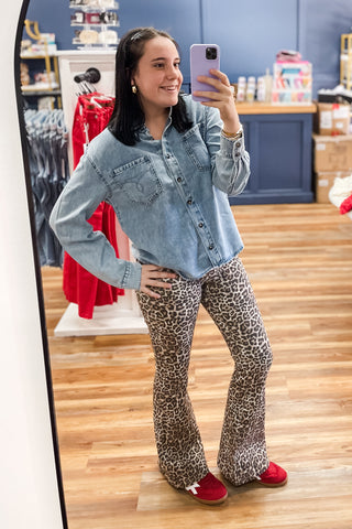 Cello Jeans Mid Rise Leopard Print Flare Denim AM39807LPD