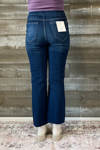 cello high rise pull on elastic waist crop flare jeans dark wash denim AB39360DK