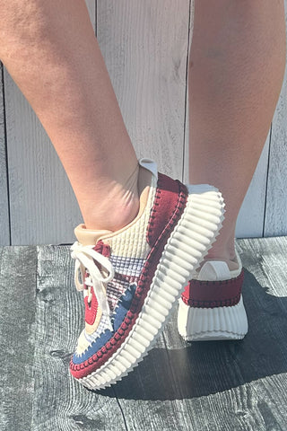 Corkys Footwear Adventure Woven Stitch Walking Sneaker Burgundy Multi