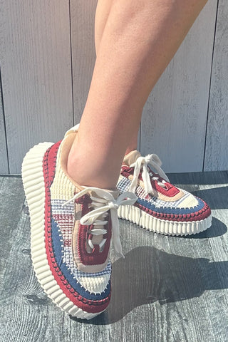 Corkys Footwear Adventure Woven Stitch Walking Sneaker Burgundy Multi