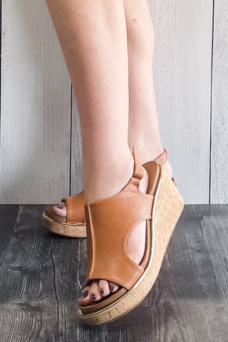 Corkys Footwear Carley Wedge Sandal Camel Lizard Gold Trim Detail