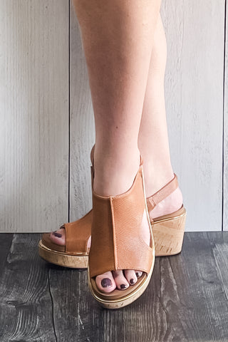 Corkys Footwear Carley Wedge Sandal Camel Lizard Gold Trim Detail