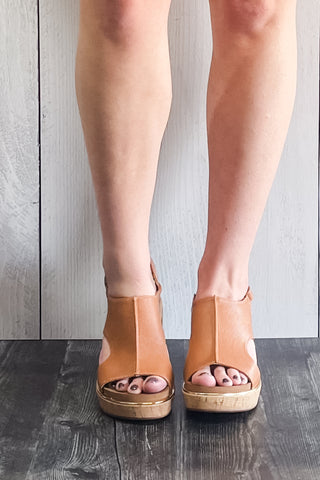 Corkys Footwear Carley Wedge Sandal Camel Lizard Gold Trim Detail