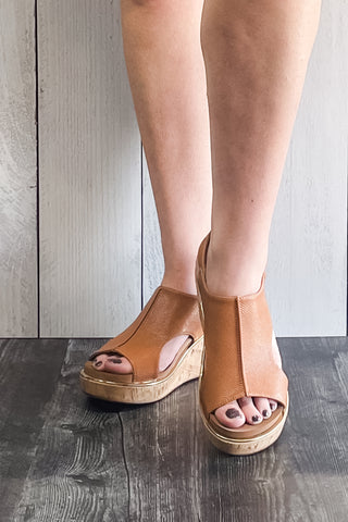 Corkys Footwear Carley Wedge Sandal Camel Lizard Gold Trim Detail