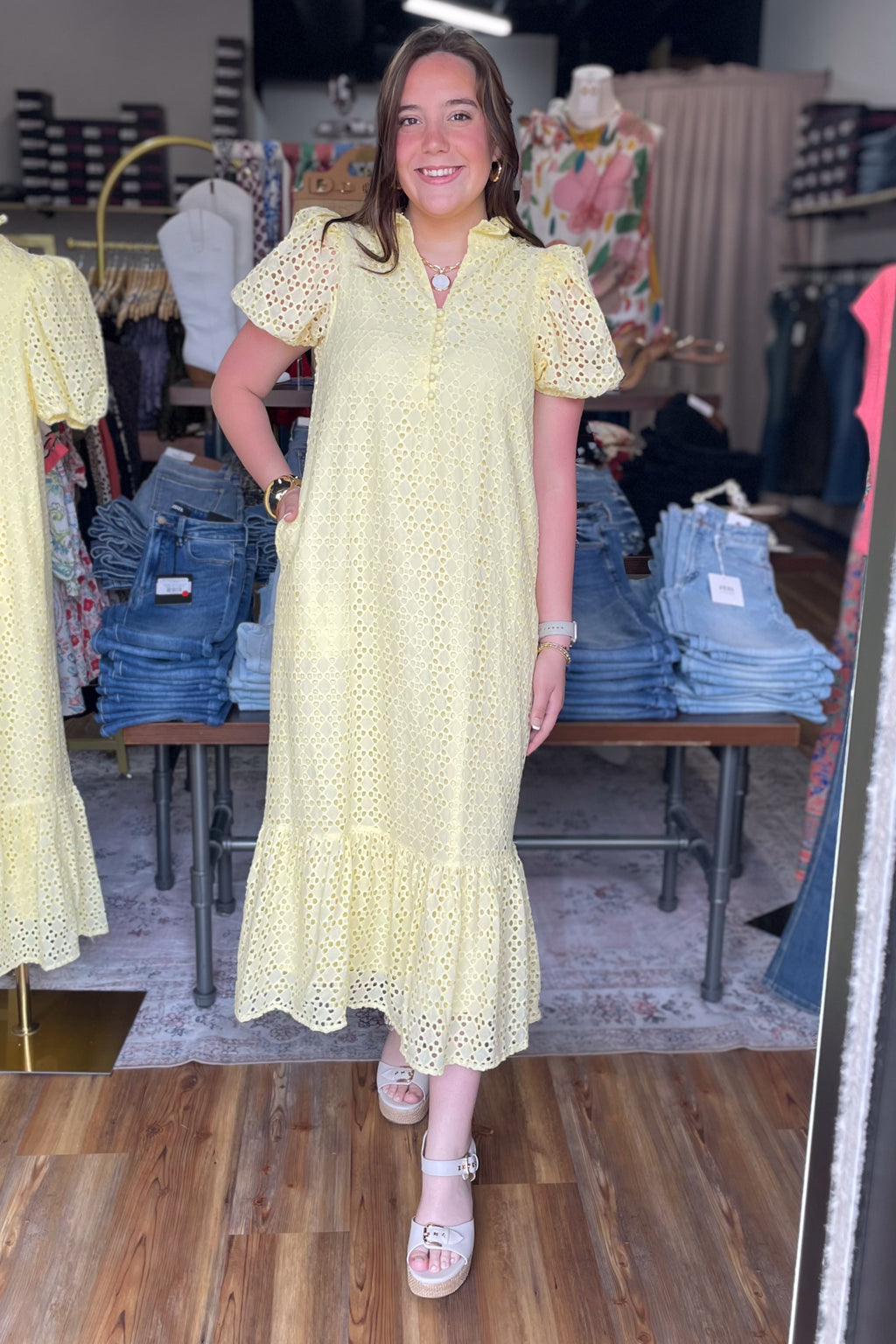 Entro lemon yellow cotton eyelet midi dress short puff sleeves D29377 – rivers + roads boutique