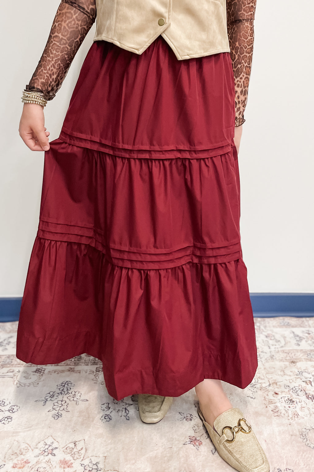 entro tiered midi dress Entro Burgundy maxi tiered skirt with lining and pockets s29030 – rivers +  roads boutique