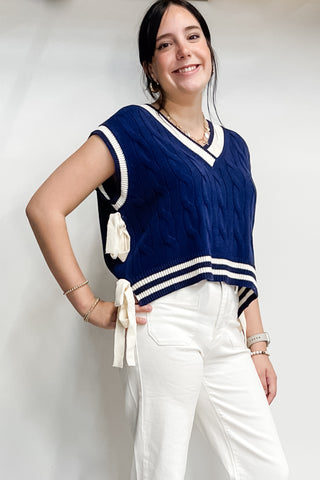 Entro Navy Short Sleeve Sweater Cream Trim Side Tie Detail T25376