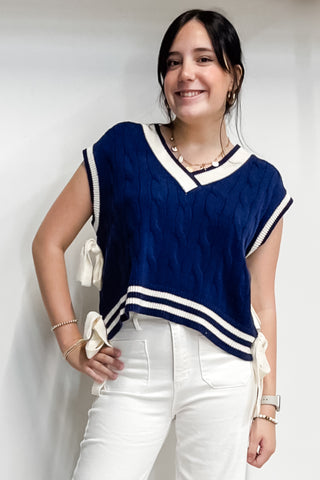 Entro Navy Short Sleeve Sweater Cream Trim Side Tie Detail T25376