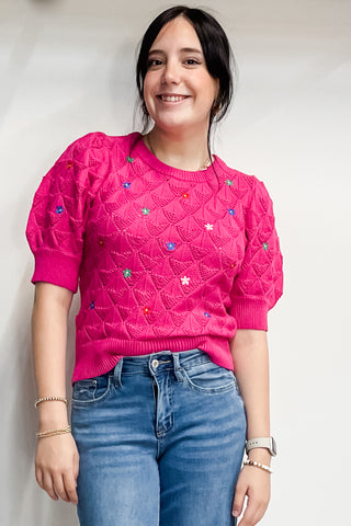 Entro Pink Short Sleeve Pointelle Knit Sweater Embroidered Flowers T25727