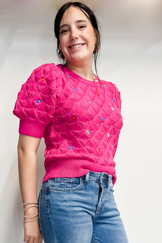 Entro Pink Short Sleeve Pointelle Knit Sweater Embroidered Flowers T25727