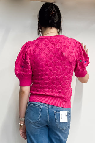 Entro Pink Short Sleeve Pointelle Knit Sweater Embroidered Flowers T25727