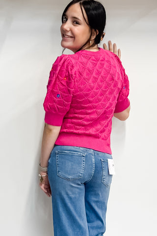 Entro Pink Short Sleeve Pointelle Knit Sweater Embroidered Flowers T25727