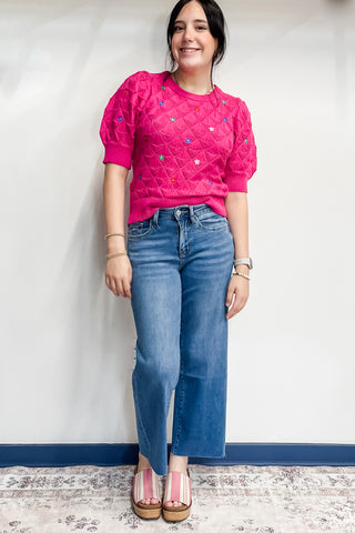 Entro Pink Short Sleeve Pointelle Knit Sweater Embroidered Flowers T25727