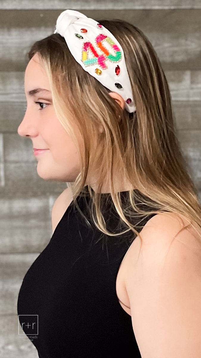 birthday novelty white headbands with beaded designs rivers & roads