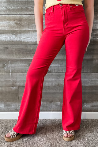 judy blue denim high waist tummy control top garment dyed red flare jeans JB88833REG