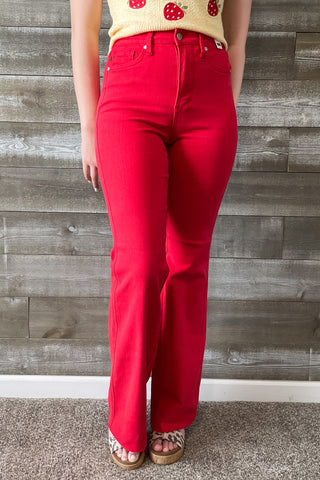 judy blue denim high waist tummy control top garment dyed red flare jeans JB88833REG