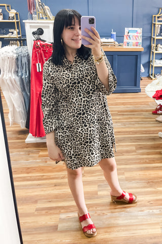 Jodifl Oatmeal Leopard Print A-Line Cotton Shift Dress H42037