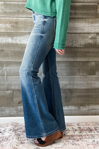 Judy Blue Mid Rise Tummy Control Top Flare Jeans Vintage Wash with back shield pockets with booty lifting JB88934REG MD