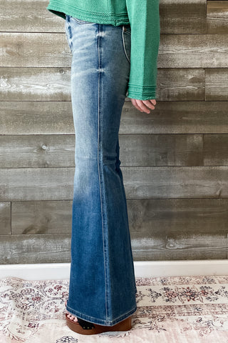 Judy Blue Mid Rise Tummy Control Top Flare Jeans Vintage Wash with back shield pockets with booty lifting JB88934REG MD