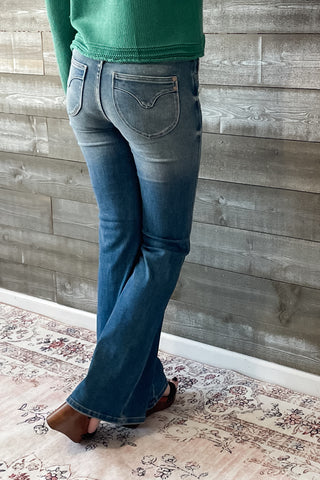 Judy Blue Mid Rise Tummy Control Top Flare Jeans Vintage Wash with back shield pockets with booty lifting JB88934REG MD
