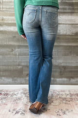 Judy Blue Mid Rise Tummy Control Top Flare Jeans Vintage Wash with back shield pockets with booty lifting JB88934REG MD