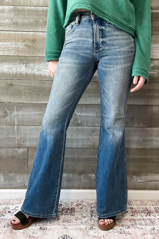 Judy Blue Mid Rise Tummy Control Top Flare Jeans Vintage Wash with back shield pockets with booty lifting JB88934REG MD
