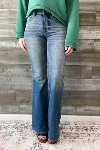 Judy Blue Mid Rise Tummy Control Top Flare Jeans Vintage Wash with back shield pockets with booty lifting JB88934REG MD